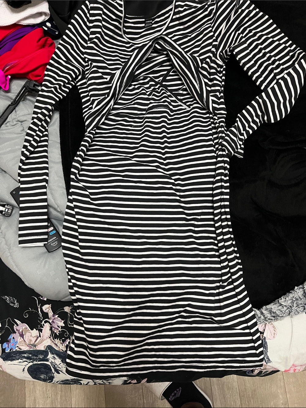 SHEIN Black and White Striped Long Sleeve Dress